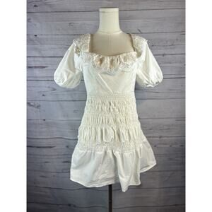 ASTR The Label Patina White Smocked Mini Dress Womens Medium Puff Sleeve